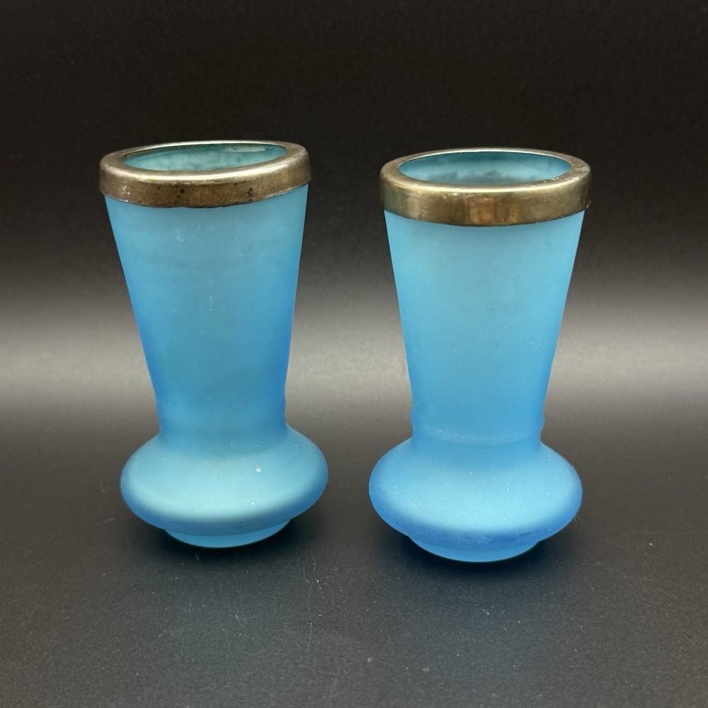 Antique Italian Opaline Blue Glass Posy Bud Vase Pair Silver Rim Victorian 3in - Picture 2 of 8